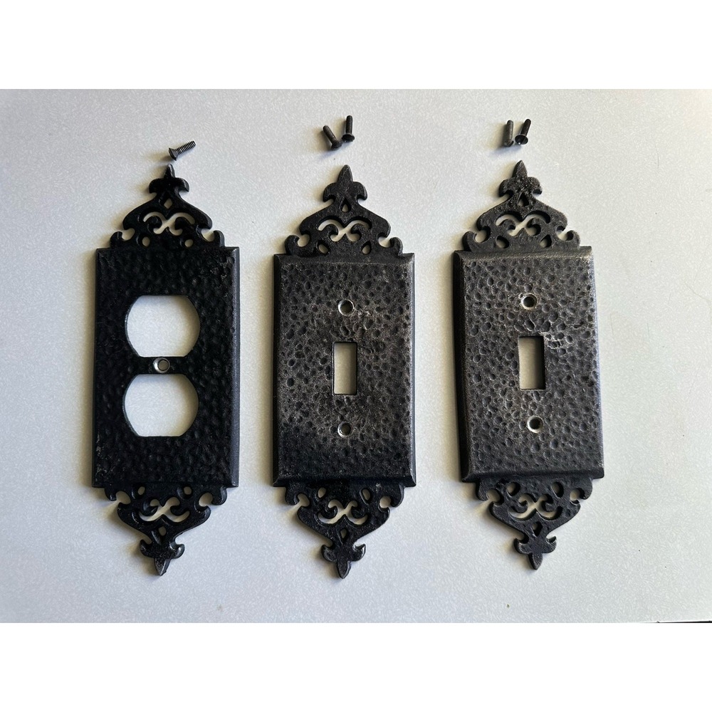 Vtg Metal Light & Outlet Switch 3 Plate Covers Hammered Goth Decor 60s Black